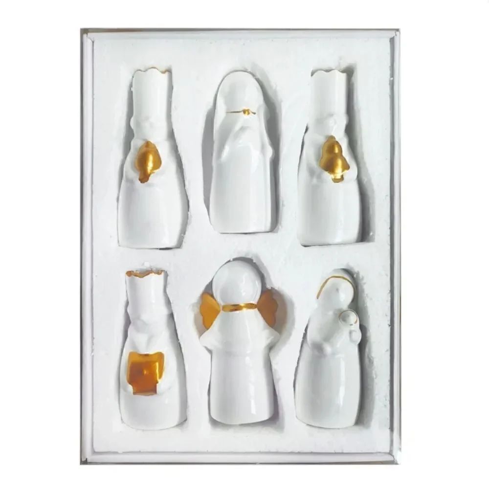 New 6-Piece White & Gold Ceramic Nativity Set Christmas Decor